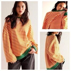 NEW Free People Classic Striped Oversized Crewneck Orange Green Size L Large